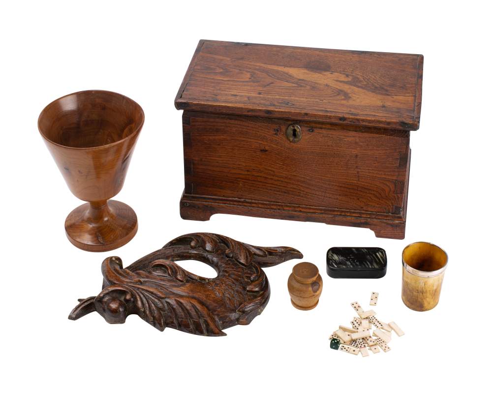 A 19th century olive wood goblet: 16cm high, a treen carving, a horn beaker, a treen box,