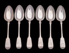 A set of six Victorian provincial silver Fiddle pattern dessert spoons,