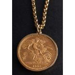 A full gold proof sovereign coin, 1995,: mounted as a pendant, to a 9ct gold,