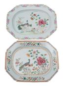 Two Chinese famille rose 'Double Peacock' pattern octagonal meat dishes: each painted with a