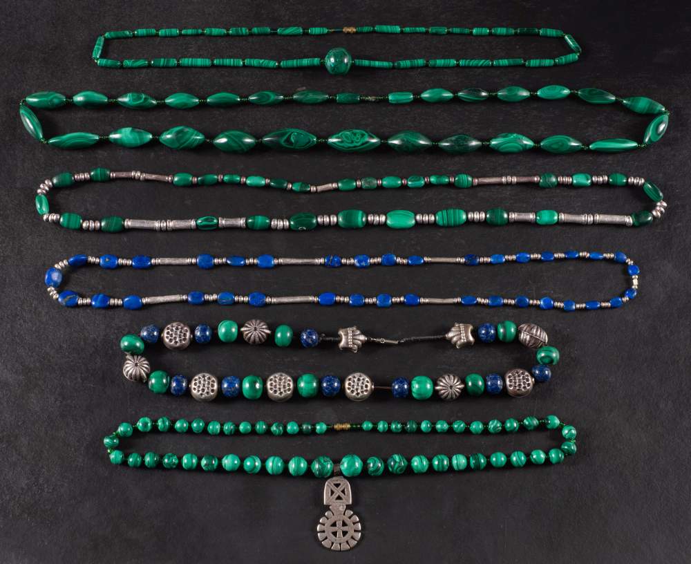 A collection of six bead necklaces,: including four of malachite,