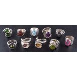 Ten gemset rings,: including pink tourmaline, amethyst, moonstone and peridot, eight stamped '925',