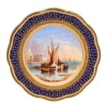 A mid 19th century English porcelain topographical plate: painted with fishing vessels in a