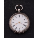 A lady's silver key-wound pocket watch: the Swiss bar movement having a cylinder escapement,