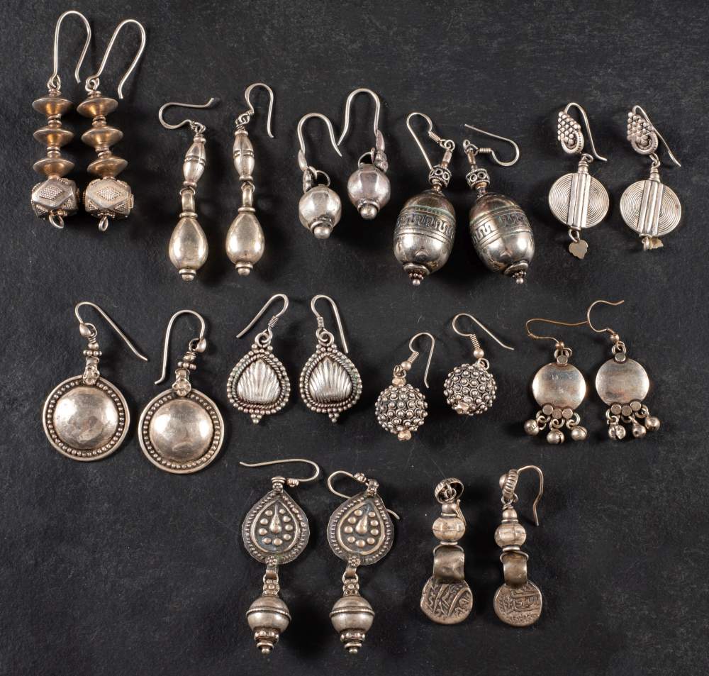 A collection of Indian drop earrings,: with fittings for pierced ears, lengths ca 4.7-7.5cm (11).