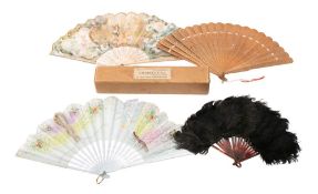 A 19th century fan: the gauze leaf with painted decoration of a gallant and lady in a garden