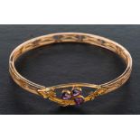 A clover leaf, heart-shaped amethyst and seed pearl bangle,: inner diameter ca. 7.