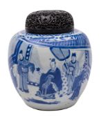 A Chinese blue and white jar: painted with a presentation scene on a terrace,