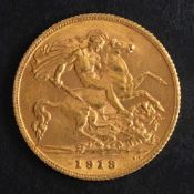 A George V half sovereign gold coin, 1913,: diameter ca. 19.3mms, total weight ca. 4gms.