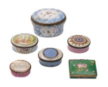 A group of six late 18th/early 19th century enamel patch and snuff boxes: including a green ground