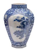 A large Japanese Fukugawa blue and white octagonal vase: painted in 17th century style with panels