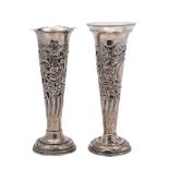 A pair of Edward VII silver vases, maker S Glass, Birmingham, 1903: of trumpet-shaped outline,