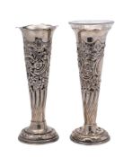 A pair of Edward VII silver vases, maker S Glass, Birmingham, 1903: of trumpet-shaped outline,