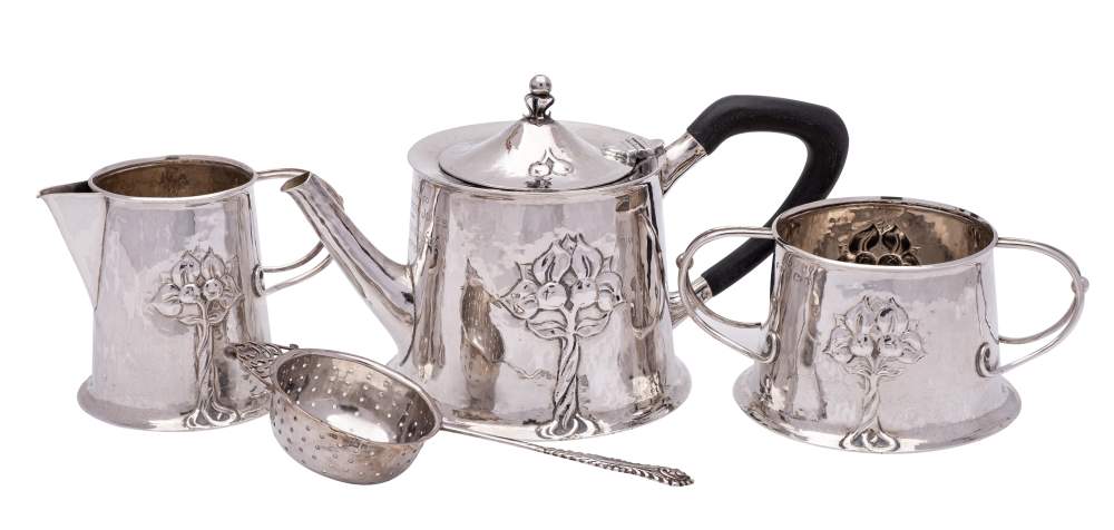 An Art Nouveau period silver three-piece bachelor's tea service, maker Albert Edward Jones,