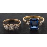Two gem-set rings,: including a synthetic sapphire and single-cut diamond three-stone ring,