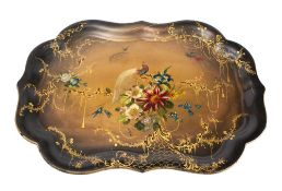A mid 19th century papier mache and lacquer serving tray: of cartouche-shaped outline,