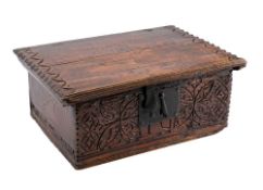 A 17th century oak bible box: of rectangular outline,