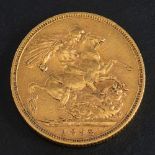 A Victorian gold sovereign coin, 1892,: diameter ca. 22mms, weight ca. 7.9gms.