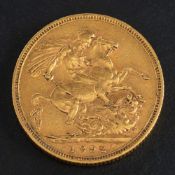 A Victorian gold sovereign coin, 1892,: diameter ca. 22mms, weight ca. 7.9gms.