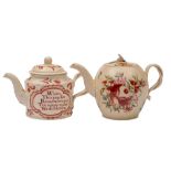 Two creamware teapots and covers, possibly William Greatbatch: both with double crossover handles,