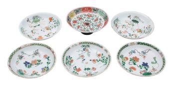A set of three Chinese famille verte saucer dishes and three similar,