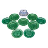 A set of five 19th century green-glazed majolica cabbage leaf moulded deep plates,