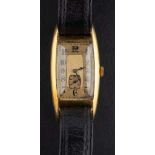 An Art Deco wristwatch,: the square silvered dial with Arabic numerals,