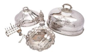 A silver plated urn-shaped sugar castor: a circular plated pie-crust salver with engraved