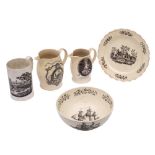 A group of five pieces of late 18th/early 19th century creamware: comprising two jugs, a mug,