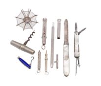 A collection of silver items various makers and dates: includes pens, knives, bottle opener,