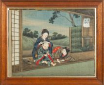 A Japanese painting on silk: depicting a mother and children on a veranda,