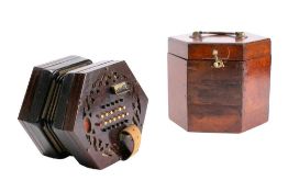 A Lachenal style rosewood concertina: of hexagonal outline, with forty-eight bone buttons,