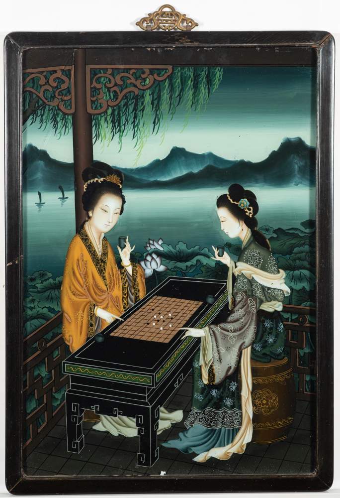 A pair of Chinese reverse painted pictures: depicting Chinese beauties playing a board game and