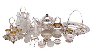 A collection of silver plated items: including a three-piece tea set, condiment stand, serving dish,