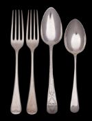 A mixed collection of silver flatwares, various makers and dates: includes two table forks,