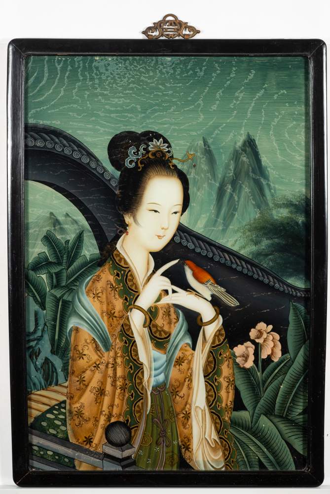 A pair of Chinese reverse painted pictures: depicting Chinese beauties playing a board game and - Image 2 of 2