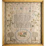 A George III needlework sampler: with alphabet, verse, animals and bowl of fruit,