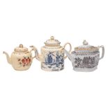 Three English creamware and pearlware teapots and covers: the first decorated in blue with a