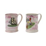 A Sunderland pink lustre frog mug and one similar: the first with a coloured print of the 'Mariners