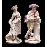 A pair of Bow figures of a shepherd and shepherdess: the shepherd boy playing the recorder,