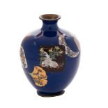 A Japanese cloisonne vase: of ovoid form with panels of exotic birds, flowers and butterflies,