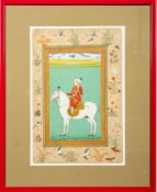 An Indian goache: portrait of a man seated on a white stallion,