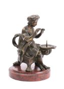 A 19th century bronze figural pricket chamberstick: modelled as a seated female wearing robes and a
