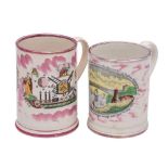 A Sunderland pink lustre 'Masonic' frog mug and 'A West View of the Cast Iron Bridge...