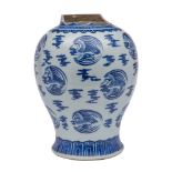 A Chinese blue and white 'cranes' baluster vase: painted with cranes flying amongst cloud scrolls