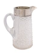 A clear glass and silver plate mounted cordial jug: of cylindrical tapering form,
