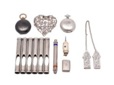 A mixed collection of silver and plated wares: includes silver cigarette holder, vinaigrette,