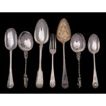 A mixed group of silver flatwares, various makers and dates: includes, two table spoons,