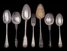 A mixed group of silver flatwares, various makers and dates: includes, two table spoons,