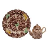 A Whieldon-type tortoiseshell-ware creamware plate and a similar miniature teapot and cover: the